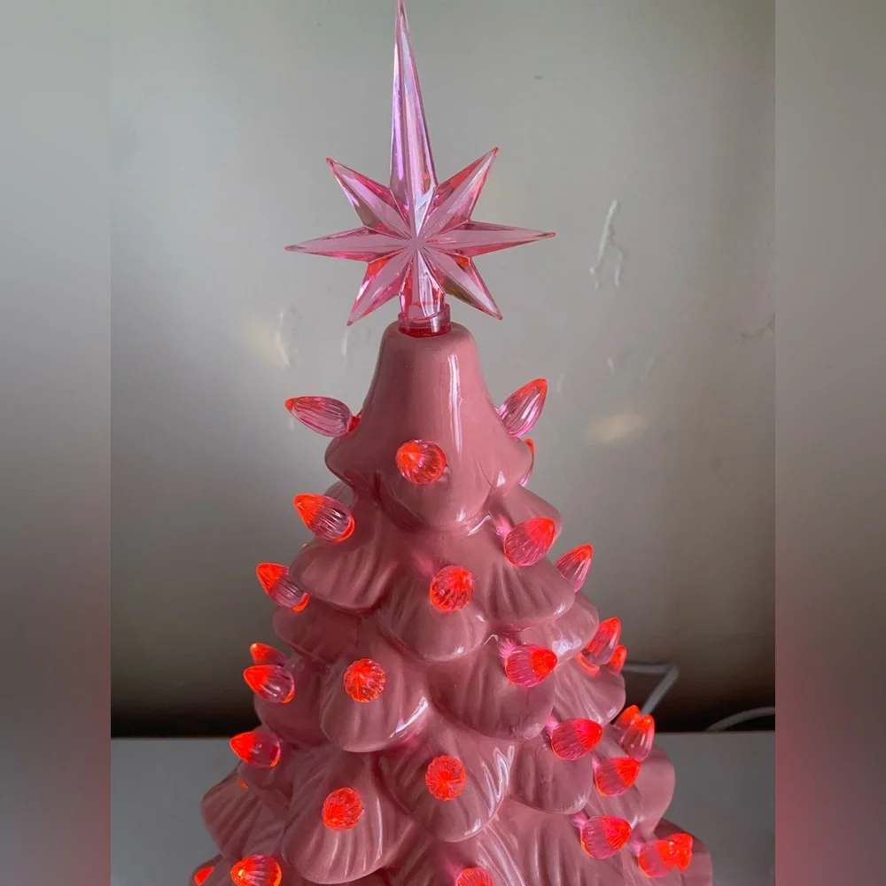 Pink Ceramic Christmas Tree Light Pre-Lit Tree Star Mid Century Vintage Kitschy